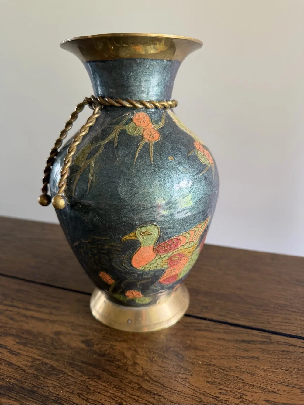 Vintage Brass CLOISONNE VASE Hand Painted 9.5